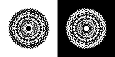 Dynamic abstract mandala. Circular futuristic abstract pattern, black and white background.