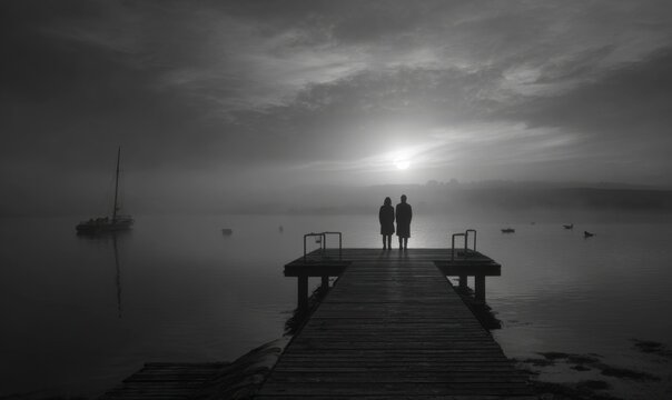Two figures stand on a wooden pier at sunrise - Powered by Adobe
