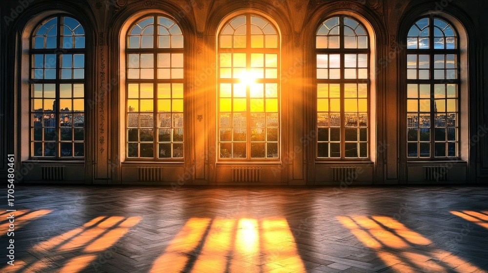 Poster sunlight streams through vintage arch windows in a spacious grand room with elegant architecture