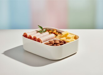 Closeup of school lunchbox with turkey rolls and cheese cubes