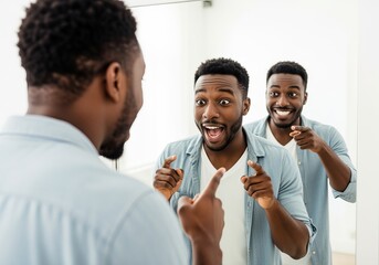 African American man playfully pointing in mirror reflection