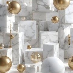 Clean 3D background with white marble cubes, golden spheres, and soft shadows in an elegant premium style.