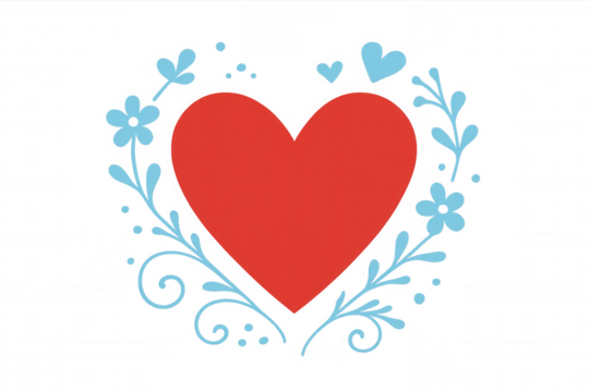 Red heart surrounded by a decorative blue floral wreath on a transparent background, perfect for valentine's day projects
