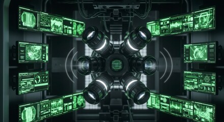 Fototapeta premium Surveillance System: Futuristic Lenses and Green Screens