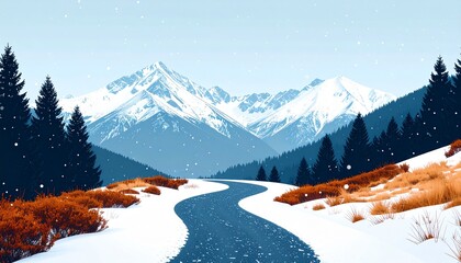 Modern A winding mountain path leading to distant peaks with vector style and bold colors and muted tones aesthetic during a light snowfall rendered with symmetry and complementary colors