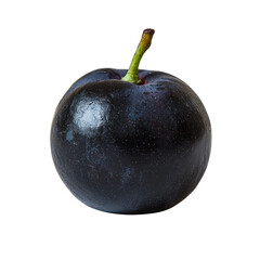 Ripe black plum with stem, glossy skin and subtle water droplets, inviting and fresh
