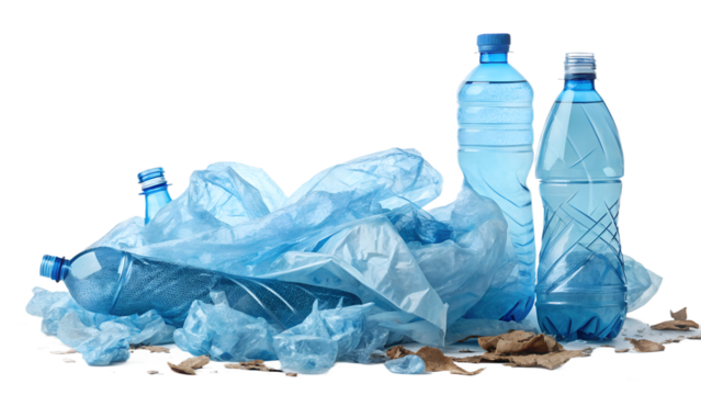Crumpled blue plastic bottles isolated on transparent background. Crushed plastic water bottle waste for recycling and ecology concepts. - Powered by Adobe