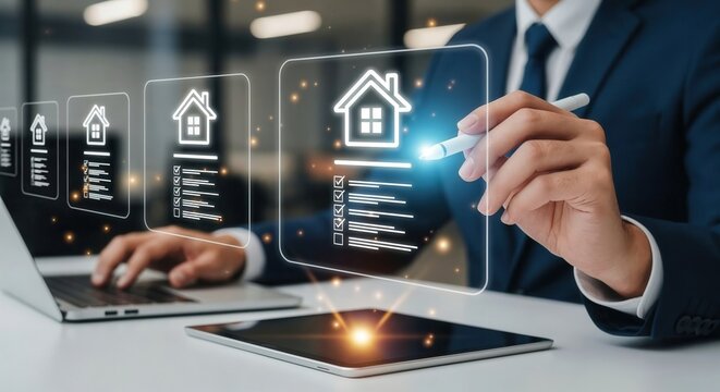 Real estate concept with businessman using digital interface to evaluate property listings and housing data.
