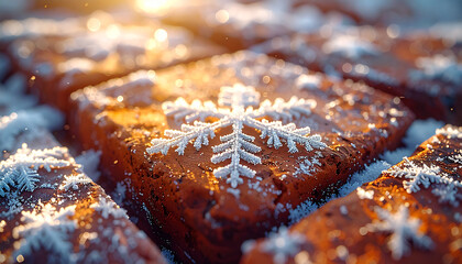 Fototapeta premium Winter Delights: Sweet brown brownies, adorned with delicate snowflake and a dusting of snow, offer a charming seasonal delight.