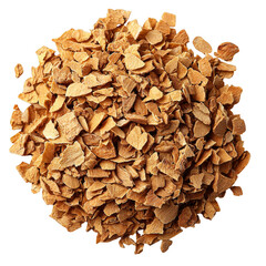 Crunchy toasted coconut flakes scattered in circular pile, warm golden texture and natural rustic appeal