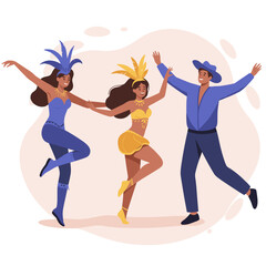 Fototapeta premium Three dancers in colorful costumes performing lively choreography 
