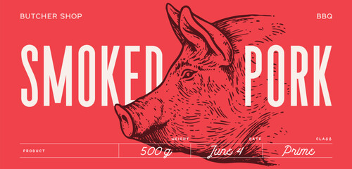 Pork, pig head, meat label. Template Meat Tag Label. Vintage retro print, tag, label with pig sketch ink pencil style drawing. Butchery pork pig head meat shop, text, typography. Vector Illustration
