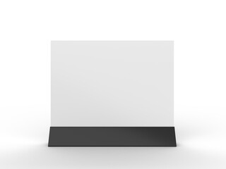3D Realistic table stand, table tent mockup with metal base and white paper acrylic. Blank card holder display information for menu label, restaurant, cafe, banner, picture stand, sign holder, ads