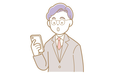 スマホを見るメガネでスーツ姿の若い男性のイラスト