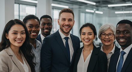 Obraz premium Diverse and Smiling Business Team Portrait in Modern Office Environment