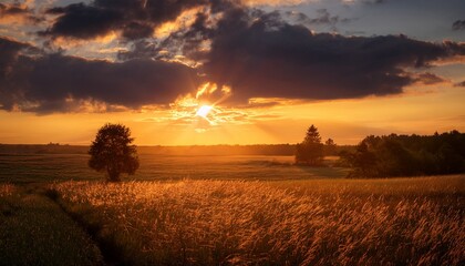 Golden Sunset Breaks Through Clouds Over A Tranquil Landscape Casting Warm Hues And Creating A Serene Atmosphere During Dusk
