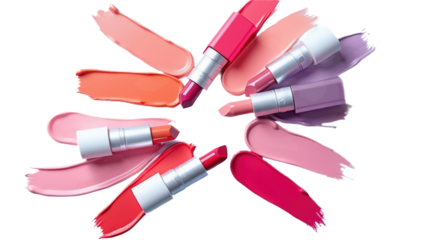 A high-resolution close-up of assorted lipsticks arranged artfully with visible creamy swatches. Isolated on white background – Transparent