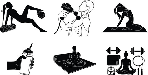 Fitness recovery icons, foam roller, massage gun, yoga pose, hydration, meditation, wellness concept, healthy lifestyle, exercise silhouettes, training equipment