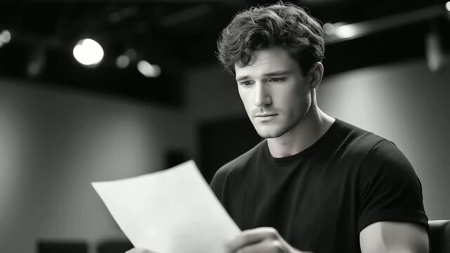 An actor reads for a film role in a casting studio with a script open a camera zooming a director taking notes and a clock ticking shown in a tense photo with paper creases