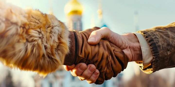 Two people shaking hands in front of the iconic sergiev posad monastery, a symbol of russian spirituality and histor