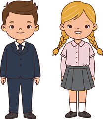 Cartoon boy and girl in school uniform, smiling characters, education concept, formal student attire, isolated white background, cute children illustration