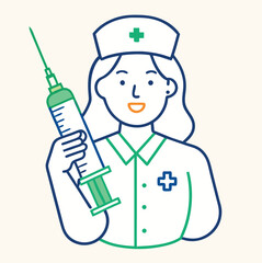 A friendly cartoon doctor with a stethoscope and syringe smiles, a funny illustration of a person in the medical field