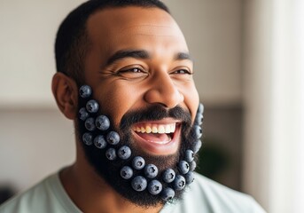Smiling African American man with blueberries adorning beard