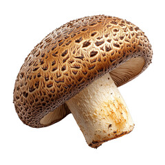 Brown textured mushroom cap with white stem, earthy detail and warm lighting evoking cozy natural freshness
