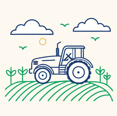 An old red farming tractor machinery on a green agricultural field with a farmer