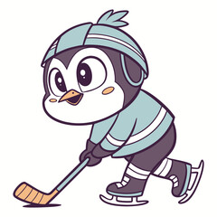Adorable Cartoon Penguin Playing Ice Hockey Vector Illustration 