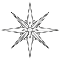 Eight point nautical compass rose graphic with metallic lines and subtle color accents, elegant directional symbol conveying