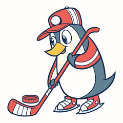 Adorable Cartoon Penguin Playing Ice Hockey Vector Illustration 