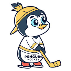 Adorable Cartoon Penguin Playing Ice Hockey Vector Illustration 