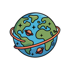 Cartoon vector illustration of planet earth with a ring and two small planets orbiting it