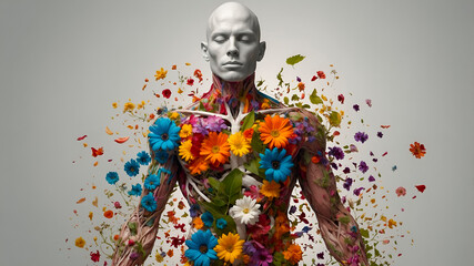 Floral male human figure made of vibrant flowers and leaves on a neutral background, symbolizing life, nature, health, and artistic botanical anatomy.