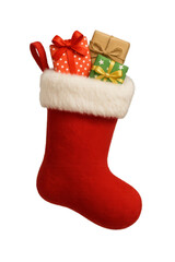 Christmas stocking with gifts isolated on transparent background