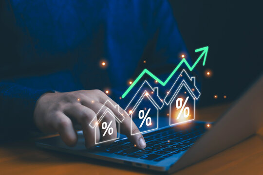 Real estate mortgage growth concept with house icons, percentage signs, and rising trend graph, symbolizing property investment, housing market, and increasing mortgage rates Real estate and mortgage