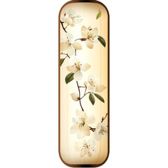 Elegant white blossom branch on vertical lantern with warm glow, serene floral botanical art and soft ambient mood