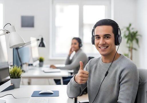 Smiling Customer Service Representative Giving Thumbs Up.