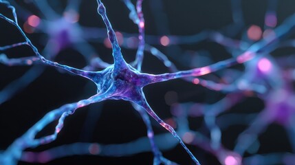 Vibrant blue and purple neuron transmitting signals through a neural network with glowing synapses.