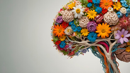 Floral human brain made of vibrant flowers and leaves on a neutral background, symbolizing intellect, life, and nature in an artistic medical-botanical concept.