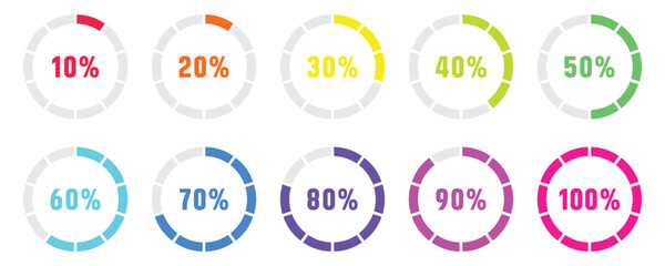 Infographic circle with percentage 0 to 100 loading progress interface in red color vector design. Template segment of circle icons 0% - 100%, simple flat design loading data interface elements