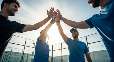 A close-up, celebratory shot of a group of padel players' hands. Their hands are mid-air, a moment after a high-five, captured from a low angle