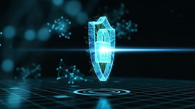Cybersecurity Shield and Padlock Hologram on Network Grid&mdash;Futuristic Data Protection 4K Loop
