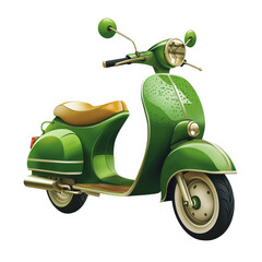 Green vintage scooter with wet paint and tan seat parked on transparent background, nostalgic mood