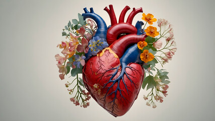 Floral human heart made of vibrant flowers and leaves on a neutral background, symbolizing life, health, and nature in an artistic medical-botanical concept.
