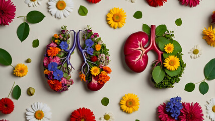 Floral human kidneys made of vibrant flowers and leaves on a neutral background, symbolizing vitality, health, and nature in an artistic medical-botanical concept.