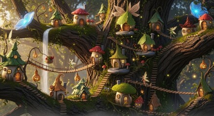 Obraz premium Enchanting Fairy Tree Village with Magical Houses, Fairies, and Glowing Elements in a Whimsical Fantasy Forest