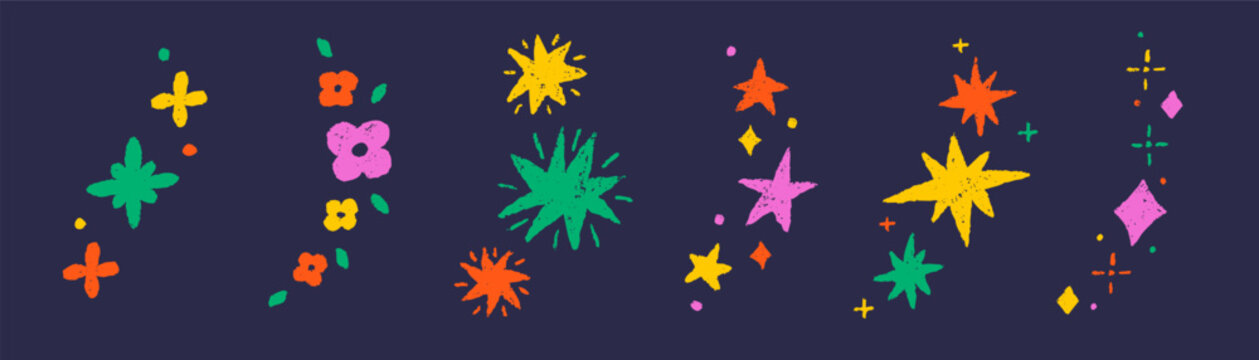 Set of playful multicolor star shape. Sparkle crayon chalk elements. Bright firework, decoration twinkle. Glowing light effect stars.