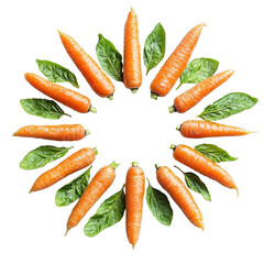Fresh carrot ring with green leaf accents forming vibrant circular arrangement conveying natural freshness and healthy mood